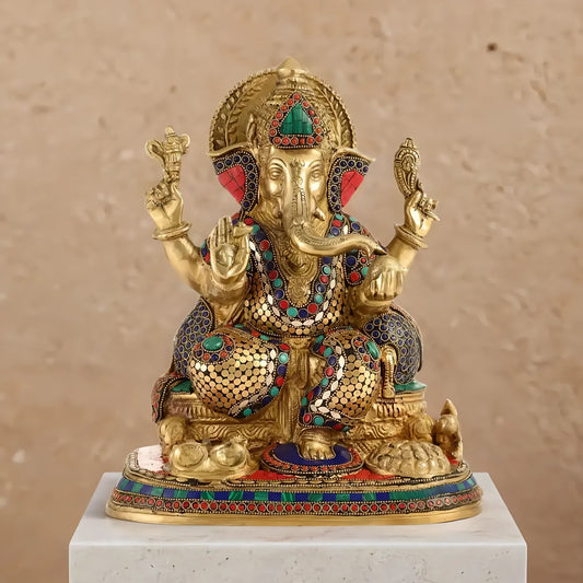 Brassaura™ Superfine Brass Ganesha Idol with Fruit Bowl & Modak Thali | Intricate Stonework | Height 13 Inches & Weight 12 Kgs