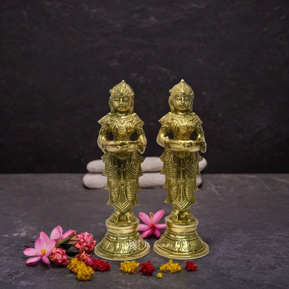 Brassaura™ Brass Deep Laxmi Pair Holding Oil Diya – Height 10 Inches & Weight 3 Kgs | Home & Puja Décor