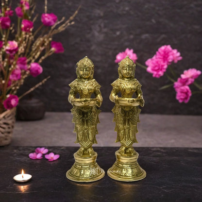 Brassaura™ Brass Deep Laxmi Pair Holding Oil Diya – Height 10 Inches & Weight 3 Kgs | Home & Puja Décor