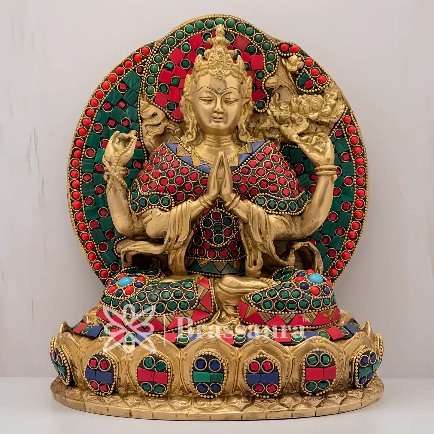 Brassaura™ Bodhidharman Tara Idol with Gemstone Work | Handcrafted Brass Statue | Height 9.5 Inches (24 cm) & Weight 5.7 Kgs