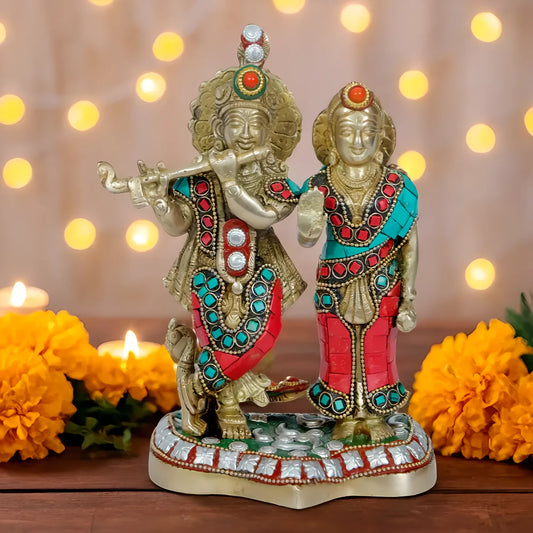 Brassaura™ Radha Krishna Murti with Gemstone Work | Pure Brass Handcrafted Idol | Height 24 cm (9.44 Inches) & Weight 1.93 Kgs