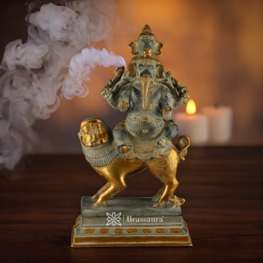 Brassaura™ Brass Ganesha Sitting on Lion Idol for Home and Decor | Weight 24 Kgs | Height 24 Inches