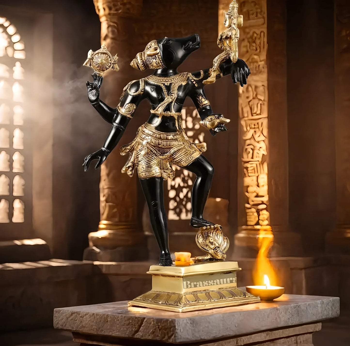 Brassaura™ Pure Brass Lord Varaha with Bhooma Devi Idol – 17.5 Inch Height, 6.3 kg Weight | Handcrafted Vishnu Avatar Statue for Home & Temple