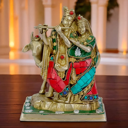 Brassaura™ Radha Krishna Murti with Gemstone Work | Pure Brass | Height 22 cm (8.6 Inches) & Weight 2.14 Kgs