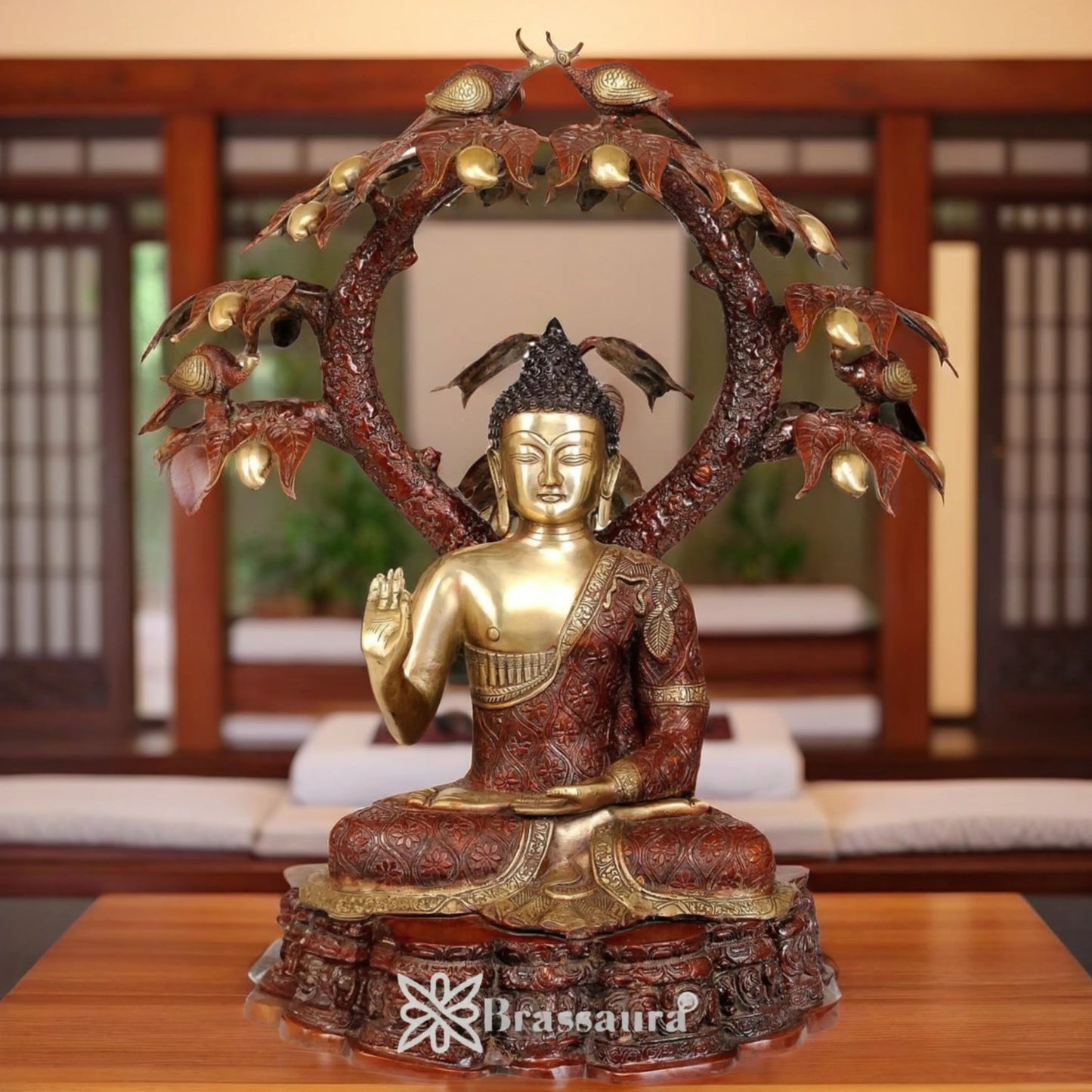 Brassaura™ Brass Buddha With Tree – Height 29 Inches & Weight 42 Kgs | Majestic Brass Sculpture for Temple & Meditation Corners
