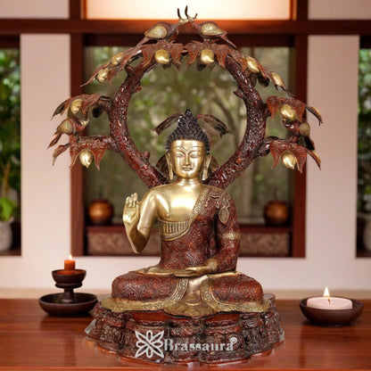 Brassaura™ Brass Buddha With Tree – Height 29 Inches & Weight 42 Kgs | Majestic Brass Sculpture for Temple & Meditation Corners