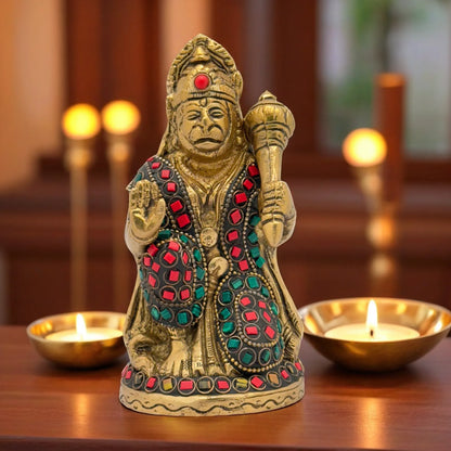 Brassaura™ Brass Gemstone Work Hanuman Statue – Height 6.8 Inches & Weight 1Kgs | Spiritual Gifting