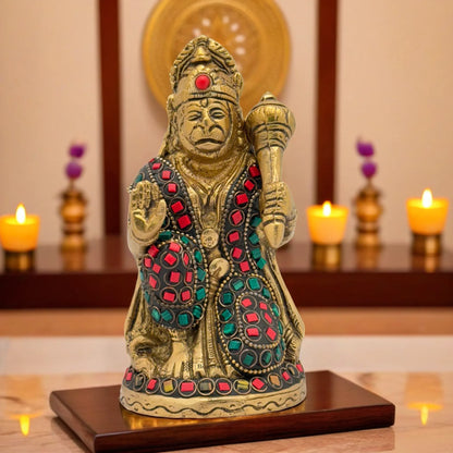 Brassaura™ Brass Gemstone Work Hanuman Statue – Height 6.8 Inches & Weight 1Kgs | Spiritual Gifting