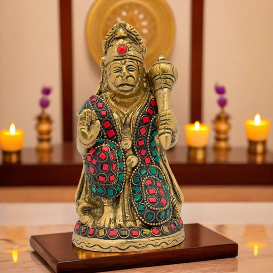 Brassaura™ Brass Gemstone Work Hanuman Statue – Height 6.8 Inches & Weight 1Kgs | Spiritual Gifting