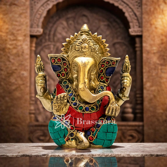 Brassaura™ Brass Ganesha Idol for Home and Decor | Weight 0.8 Kg | Height 4.5 Inches