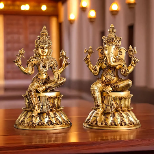 Brassaura™ Lakshmi & Ganesha Brass Idol Set | Handcrafted Superfine Pair | Height 14.8 Inches & Combined Weight 16.4 Kgs