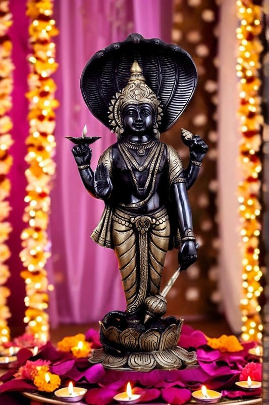 Brassaura™ Handcrafted Pure Brass Lord Vishnu on Lotus Base with Sheshnaag | 17 Inch Height | 7 KG Weight | Black Heat-Treated Finish