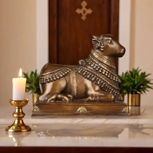 Brassaura™ Handcrafted Brass Nandi Statue – Height 8 Inches & Weight 3.97 Kgs | Devotional Sculpture