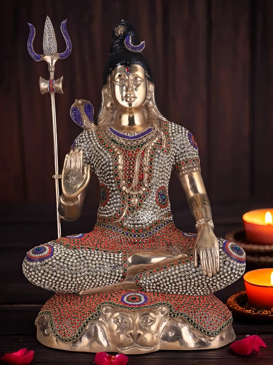 Brassaura™ Brass Gem Stone Work Shiva Idol – Height 23 Inches & Weight 18 Kgs | Traditional Pooja Décor
