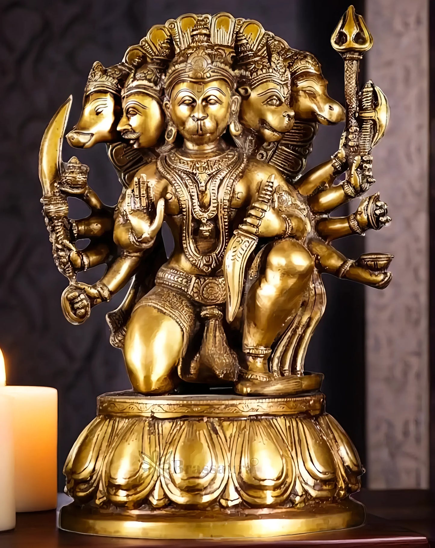 Brassaura™ Handcrafted Superfine Brass Panchmukhi Hanuman Idol – Height 13.5 Inches & Weight 9 Kgs | Heat-Treated Golden Finish