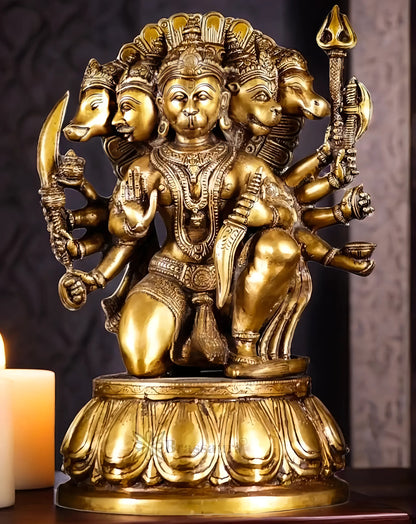 Brassaura™ Handcrafted Superfine Brass Panchmukhi Hanuman Idol – Height 13.5 Inches & Weight 9 Kgs | Heat-Treated Golden Finish