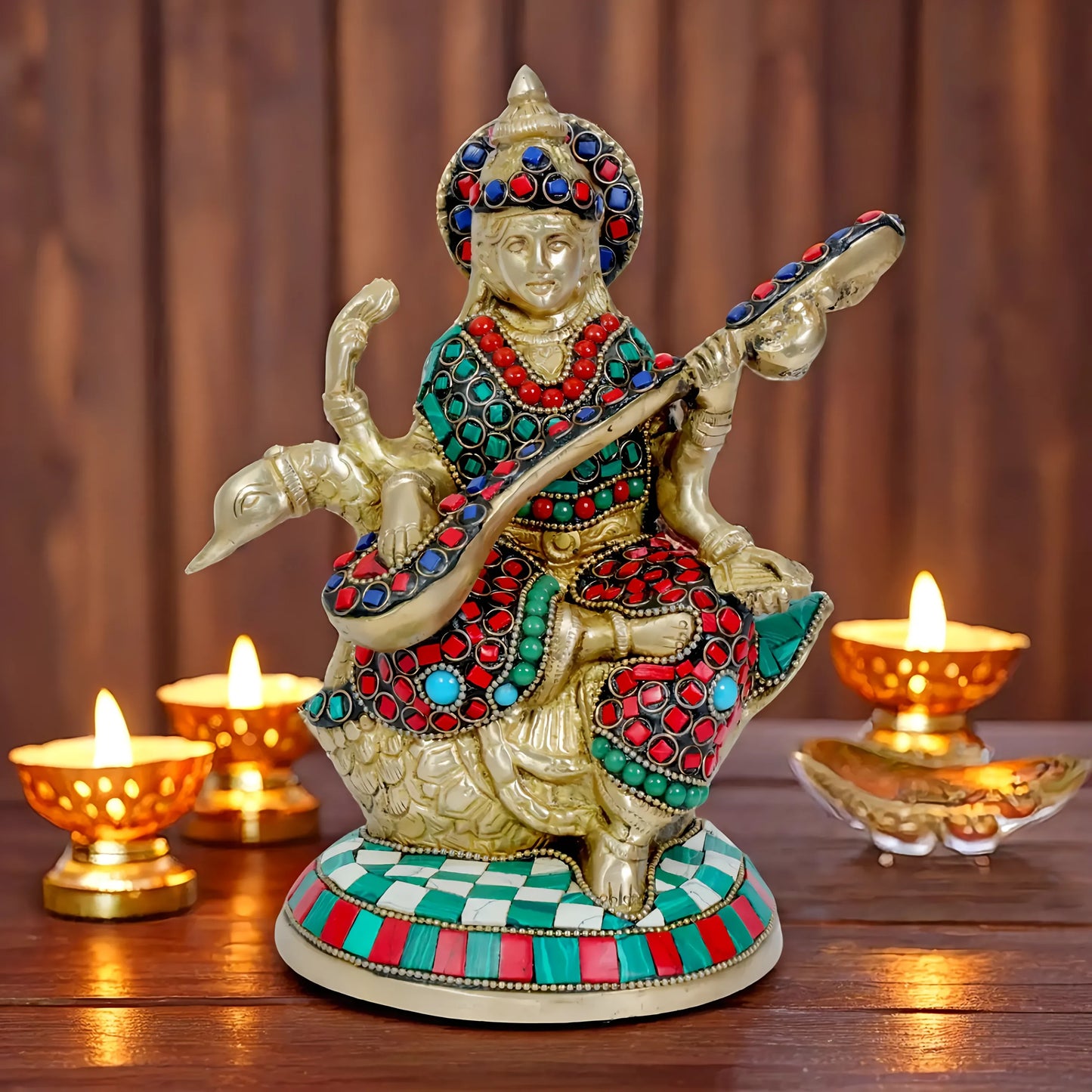 Brassaura™ Brass Gem Stone Saraswati Idol – Height 9.2 Inches & Weight 2.15 Kgs | Hindu Goddess Sculpture
