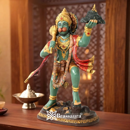 Brassaura™ Brass Hanuman With DronaGiri Mountain Statue, Height 27 Inches & Weight 26 Kgs | Pooja Room