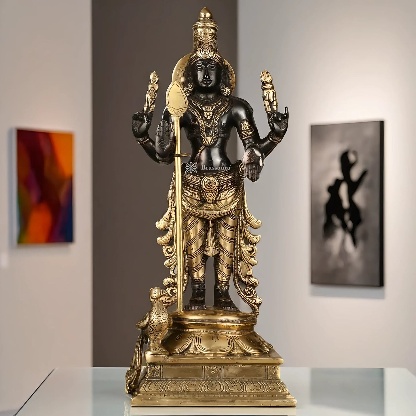 Brassaura™ Pure Brass Kartikeya Murugan Swamy Statue – 14 Inches Height, 4.45 Kg – Black Finish