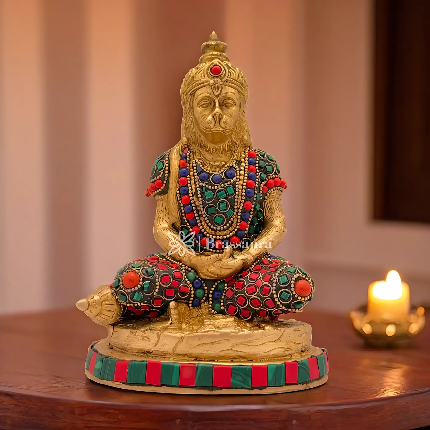 Brassaura™ Brass Gem Stone Work Meditation Hanuman Idol for Home and Decor, Height 7.2 Inches & Weight 1.8 Kgs