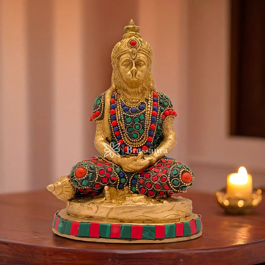 Brassaura™ Brass Gem Stone Work Meditation Hanuman Idol for Home and Decor, Height 7.2 Inches & Weight 1.8 Kgs
