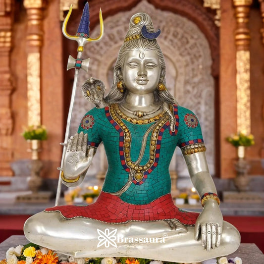 Brassaura™ Lord Shiva Gemstone Work Brass Sculpture – Height 20 Inches & Weight 12 Kgs| Devotional Ambiance