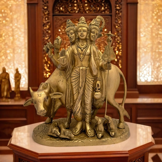 Brassaura™ Brass Golden Dattareya Murti for Home and Decor Height 12 Inches & Weight 6.9 Kgs