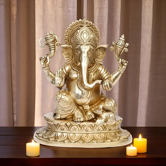 Brassaura™ Brass Ganesha Murti for Home & Temple Décor | Height 9.8 Inches & Weight 3.5 Kgs