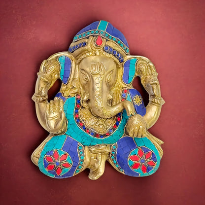 Brassaura™ Brass Gem Stone Work Ganesha Wall Hanging Murti for Home Decor- Height 10 Inches & Weight 2.8 Kgs
