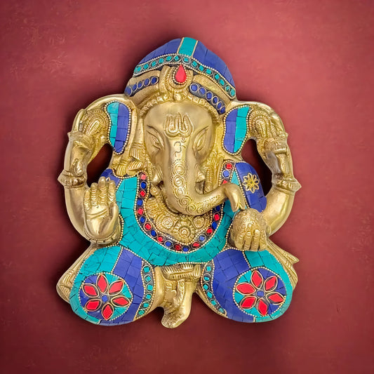 Brassaura™ Brass Gem Stone Work Ganesha Wall Hanging Murti for Home Decor- Height 10 Inches & Weight 2.8 Kgs