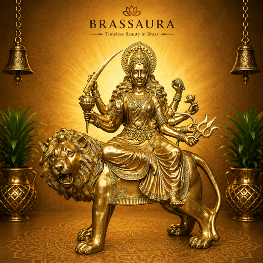 Brassaura® Brass Durga Riding Lion Statue | Height 43 Inches