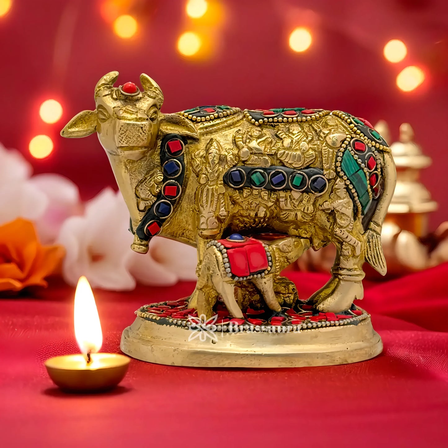 Brassaura™ Brass Gem Stone Work Kamdhenu Cow & Calf Idol – Height 4 Inches & Weight 1 Kgs | Meditation & Worship Space Accent