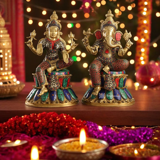 Brass Gem Stone Work Lakshmi Ganesh Weight 17 Kg & Height 15 Inch