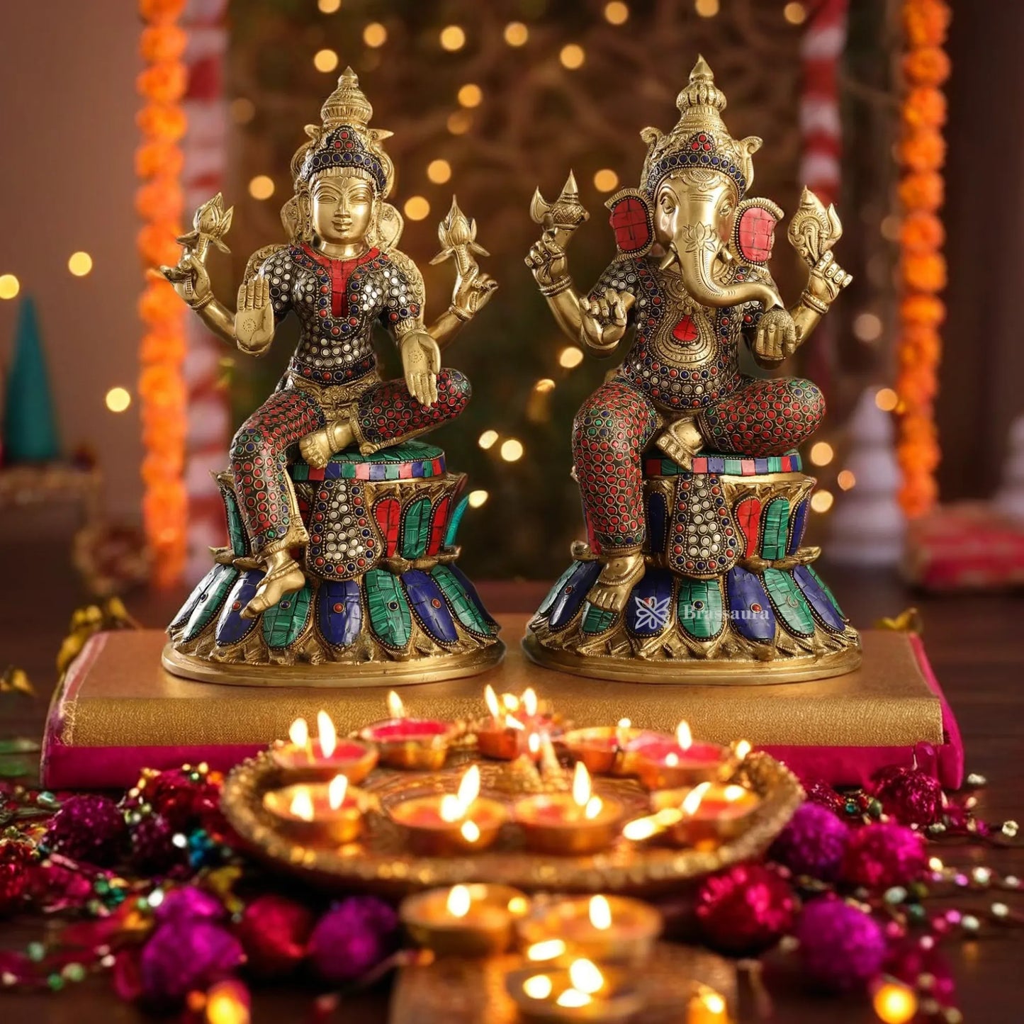 Brass Gem Stone Work Lakshmi Ganesh Weight 17 Kg & Height 15 Inch