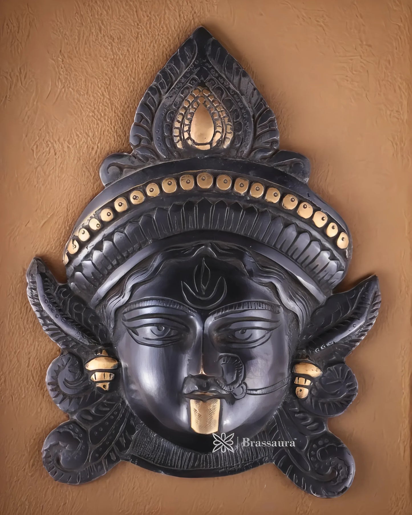 Brassaura™ Goddess Durga Brass Wall Mask – 2.2kg | 10.5" Height – Black Finish | Handcrafted Wall Mount