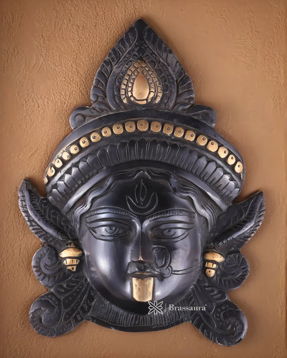 Brassaura™ Goddess Durga Brass Wall Mask – 2.2kg | 10.5" Height – Black Finish | Handcrafted Wall Mount
