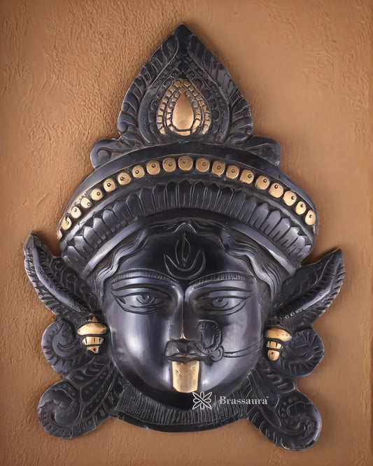 Brassaura™ Goddess Durga Brass Wall Mask – 2.2kg | 10.5" Height – Black Finish | Handcrafted Wall Mount