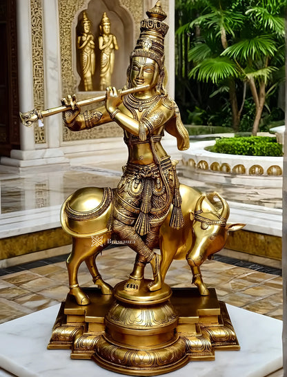 Brassaura™ Superfine Brass Krishna with Cow – Height 27 Inches & Weight 26 Kgs