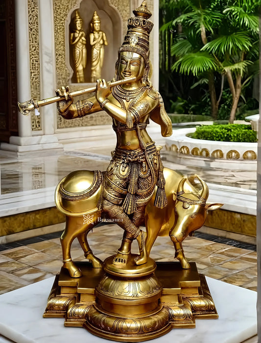 Brassaura™ Superfine Brass Krishna with Cow – Height 27 Inches & Weight 26 Kgs