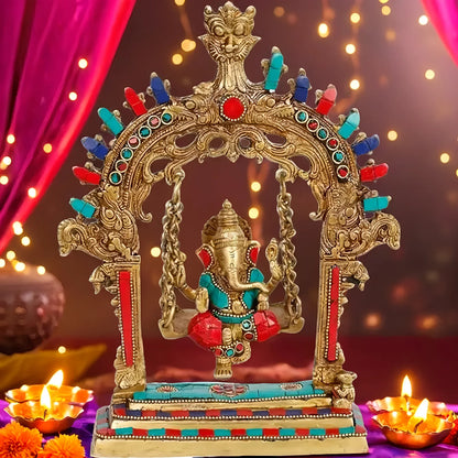 Brassaura™ Brass Gem Stone Work Ganesh Jhula Swing Murti – Height 11.02 inches & Weight 1.6 kgs | Traditional Ganpati Murti for Home & Pooja Room