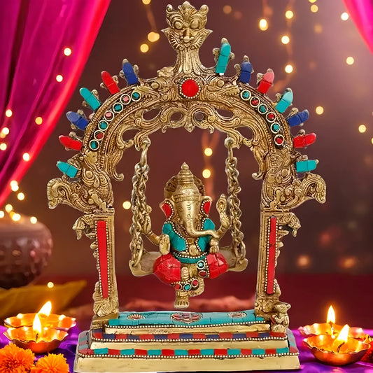 Brassaura™ Brass Gem Stone Work Ganesh Jhula Swing Murti – Height 11.02 inches & Weight 1.6 kgs | Traditional Ganpati Murti for Home & Pooja Room