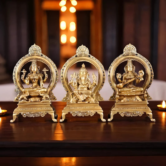 Brassaura™ Brass Lakshmi Ganesha Saraswati Idol Set with Prabhavali Frame | Pure Brass Handcrafted Trio | Height 13 Inches & Total Weight 18 Kgs