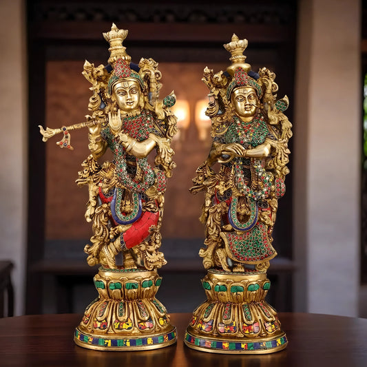 Brassaura™ Brass Radha Krishna Statues – 21 Inch Height, 18 Kg Pair | Handcrafted Indian Home Decor