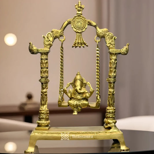Brassaura™ Brass Ganesha Jhula Murti – Height 15.7 inches & Weight 2.5 kgs | Large Ganpati Statue for Pooja & Home Décor