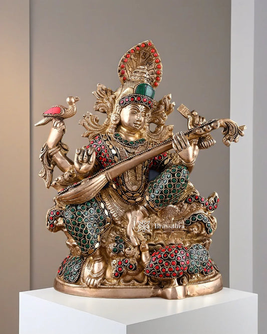 Brass Gem Stone Work Saraswati for Home and Decor Height 11 Inches & Weight 6.5 Kgs