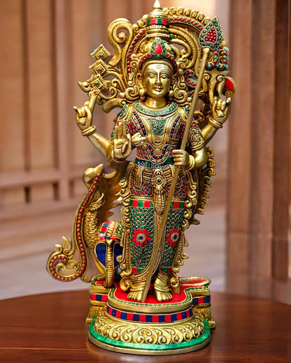 Brassaura™ Handcrafted Lord Murugan Statue in Superfine Brass – 20 Inches Height, 14 Kgs – With Peacock & Cobra