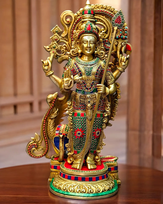Brassaura™ Handcrafted Lord Murugan Statue in Superfine Brass – 20 Inches Height, 14 Kgs – With Peacock & Cobra