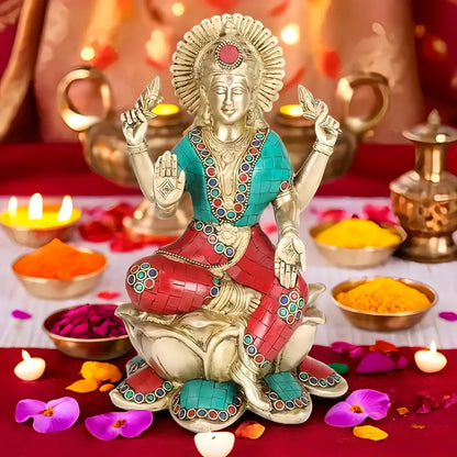 Brassaura™ Devotional Brass Gem Stone Work Laxmi Idol – Height 5.2 Inches & Weight 3.6 Kgs | Spiritual Home Idol