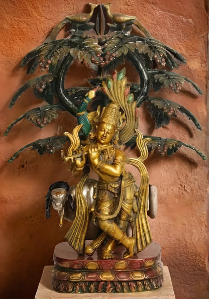 Brassaura™ Brass Krishna Tree With Cow – Height 33 Inches & Weight 42 Kgs | Traditional Handcrafted Sculpture for Temple & Home