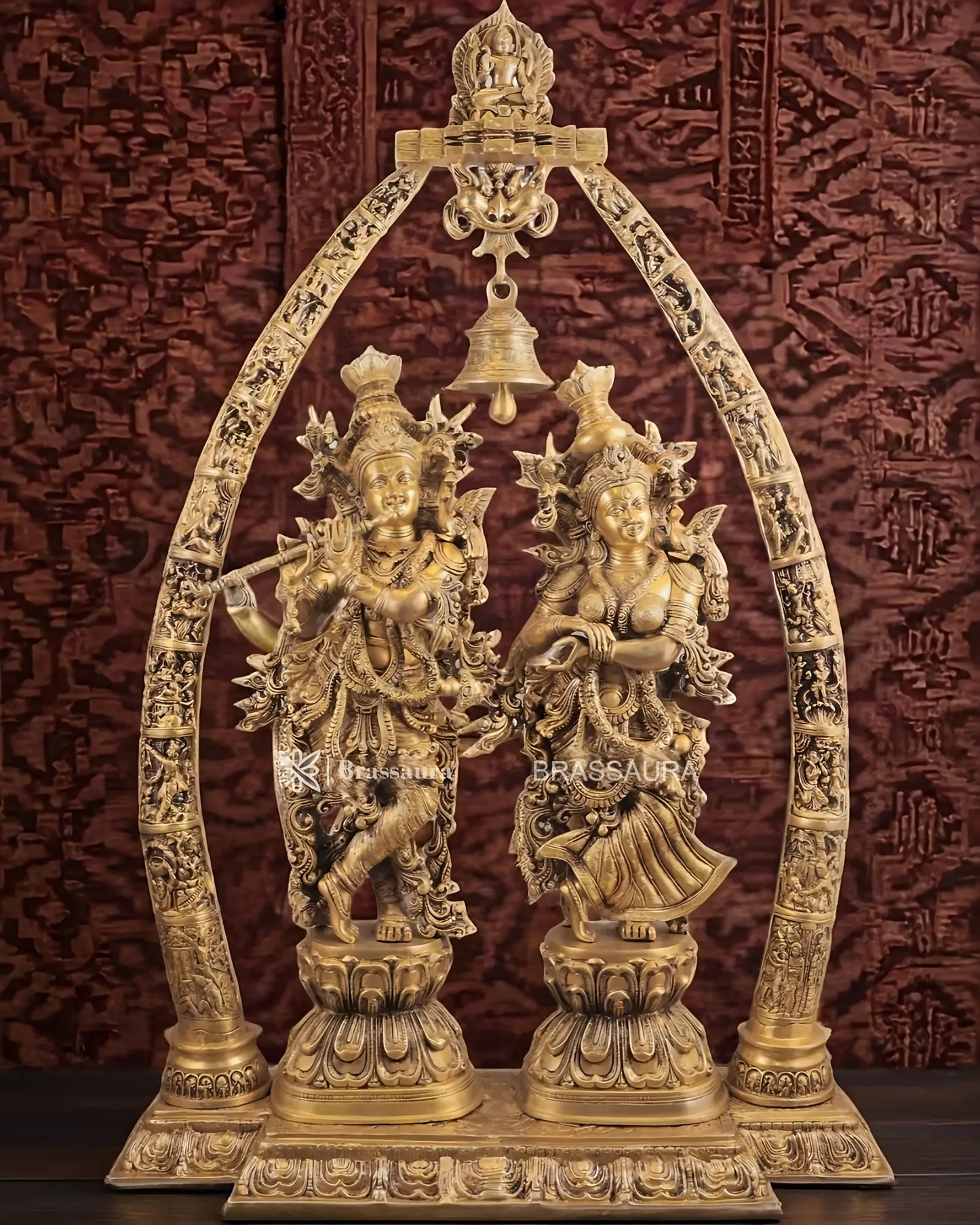 Brassaura™ Magnificent Brass Radha Krishna Temple Arch with Krishna Leelas – Arch Height 45 Inches & Total Weight 70 Kgs | Elegant Devotional Masterpiece